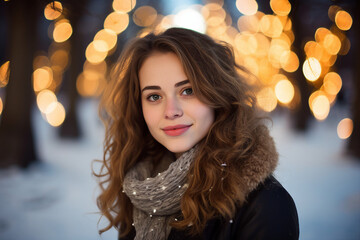 AI generated picture of charming girl walking on xmas market on street in evening
