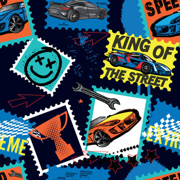 Seamless Pattern with car postage stamps. Bright  background with sport cars , with grunge elements for textiles, children's clothes, prints. Pattern for boys