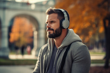Handsome cheerful relaxed man in headphones traveling in the city and listening to music generative...
