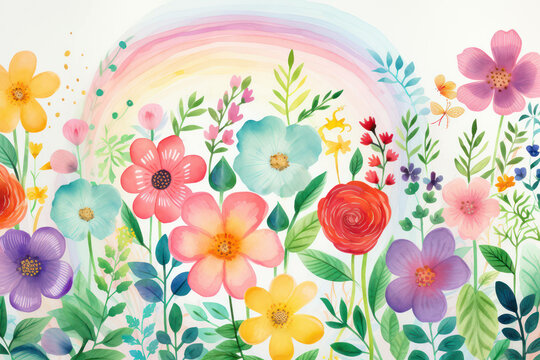 Spring summer design watercolor nature garden background flowers floral illustration art background