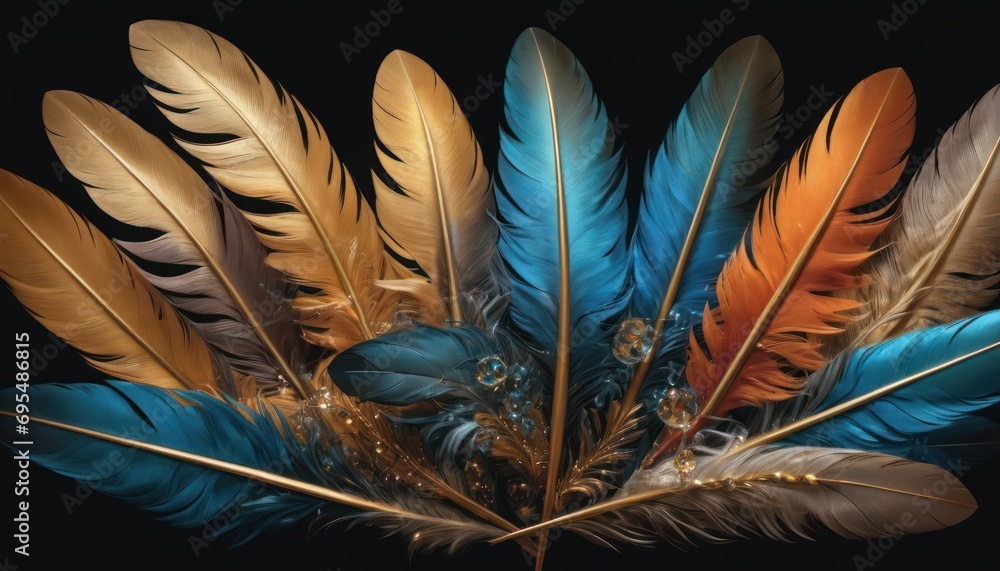 Poster a close up of a bunch of feathers on a black background with a reflection of the light on the feathe