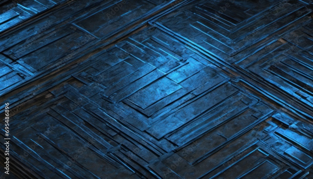 Poster a black and blue background with a pattern of squares and rectangles in the center of the image and 
