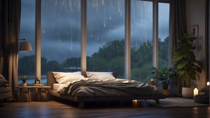 cozy modern bedroom, Raindrops cling to soft glass windows.