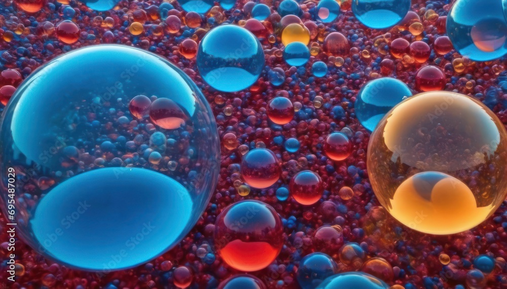 Poster a bunch of bubbles floating in a pool of water with red and blue bubbles on the bottom of the bubble