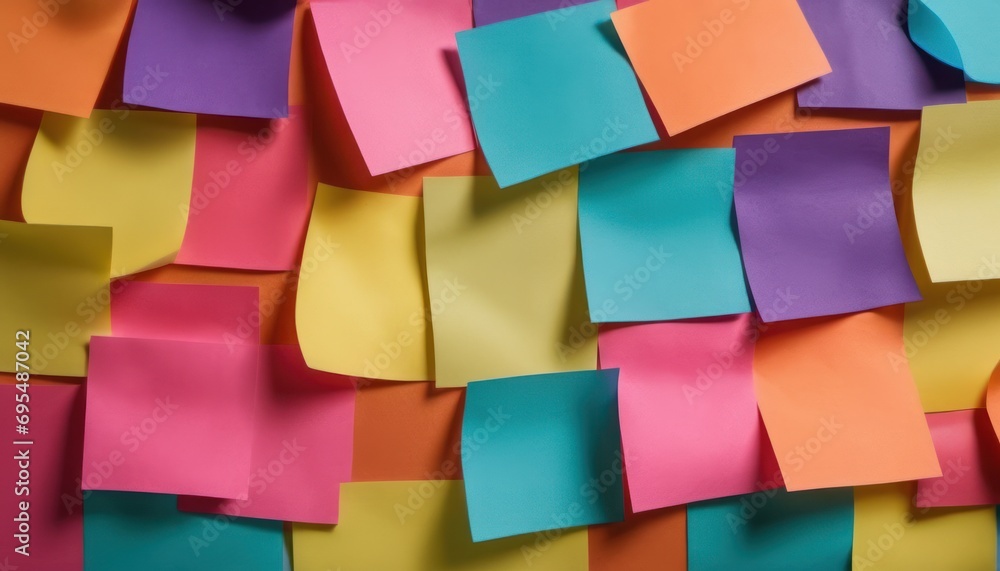 Aufkleber a bunch of post it notes stuck to the side of a wall that is covered in multicolored sticky notes.