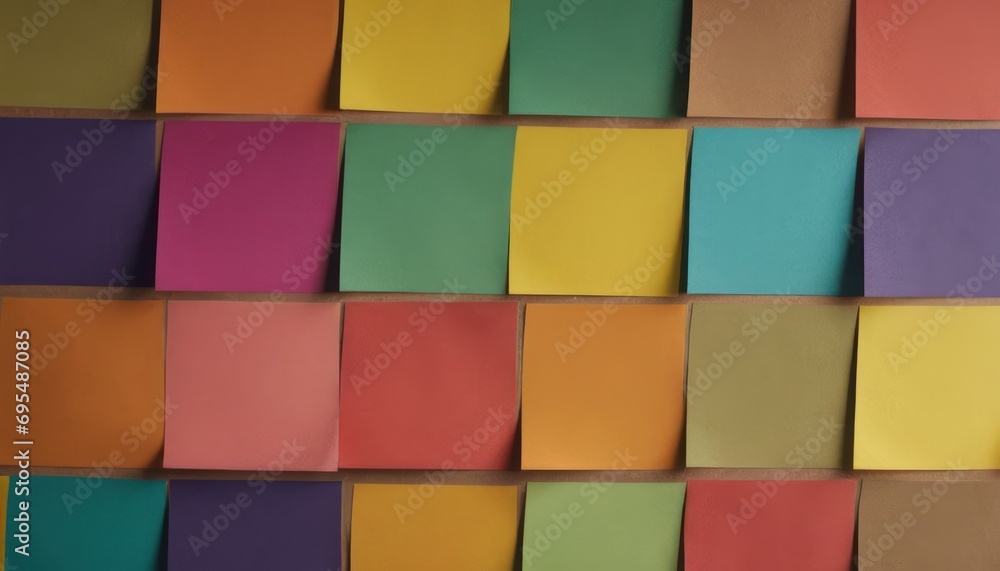Poster a multicolored wall with many pieces of paper stacked on top of each other on each side of the wall.