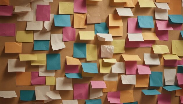  a wall covered in lots of different colored sticky notes with a lot of paper stuck to the side of it.