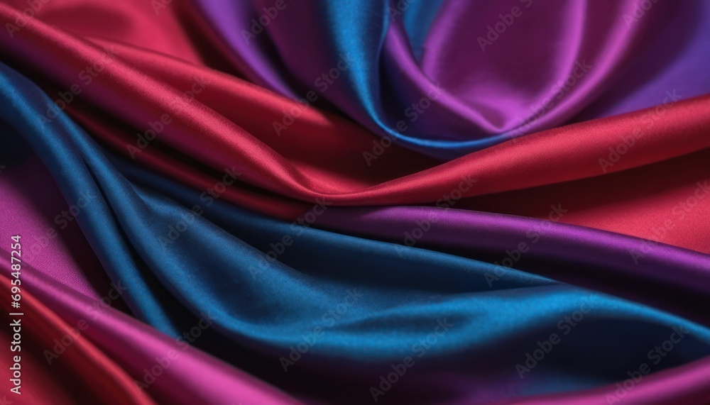 Poster a close up view of a purple and red fabric with a blue and red stripe on the bottom of it.