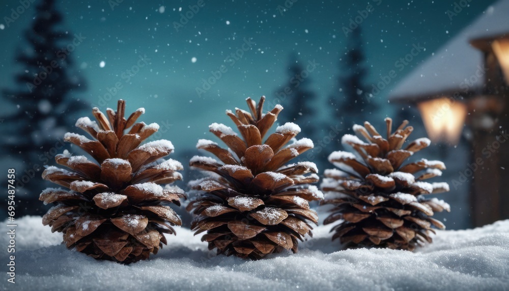 Poster three pine cones covered in snow in front of a cabin in a winter scene with snow falling on the grou