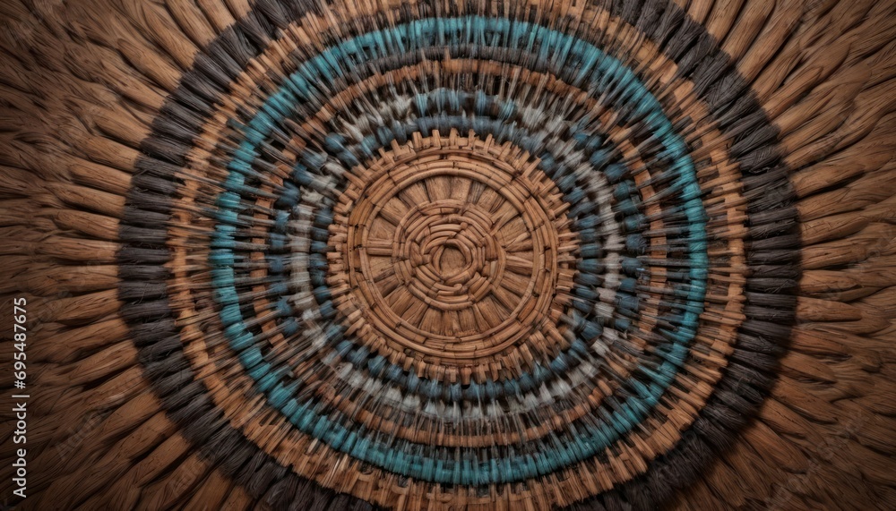 Poster a close up of a brown and blue pattern on a piece of wood with a circular design in the middle.