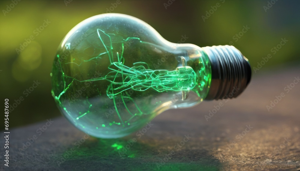 Poster a green light bulb sitting on top of a table next to a light bulb with a bug inside of it.