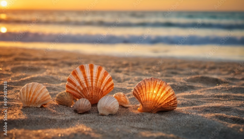 Poster three seashells in the sand on a beach with the sun setting in the background and a body of water in