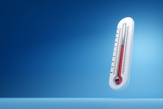 Thermometer showing average temperature is on blue background. Measurement of air temperature, abnormal temperature, weather forecast. 3D illustration, 3D rendering.