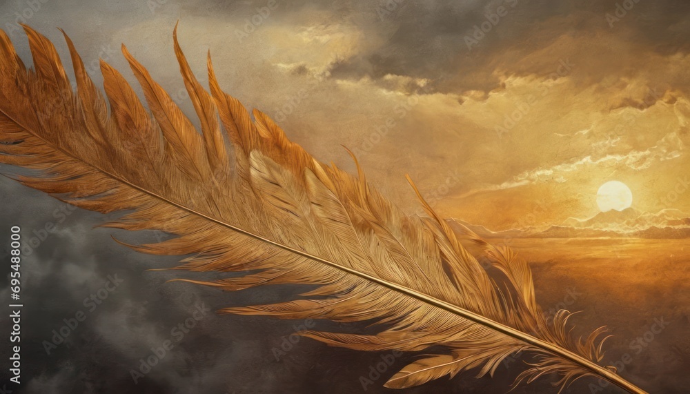 Poster a painting of a feather in front of a cloudy sky with the sun in the distance and clouds in the fore