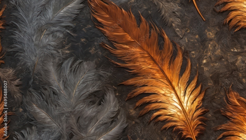 Poster a close up of a group of orange and gray feathers on a black surface with a light reflection on the 