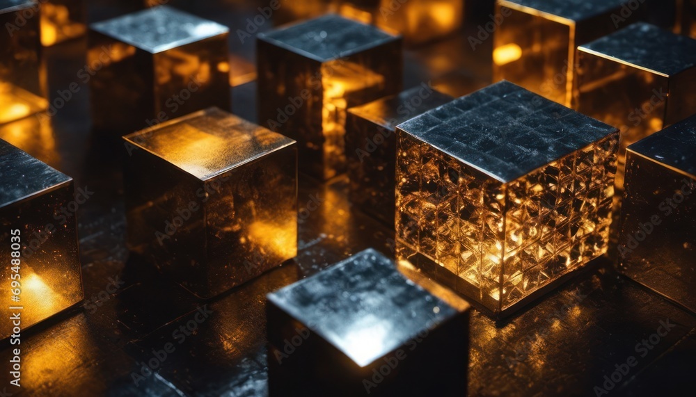 Aufkleber a group of cubes sitting on top of a table covered in lit up squares of different sizes and shapes.