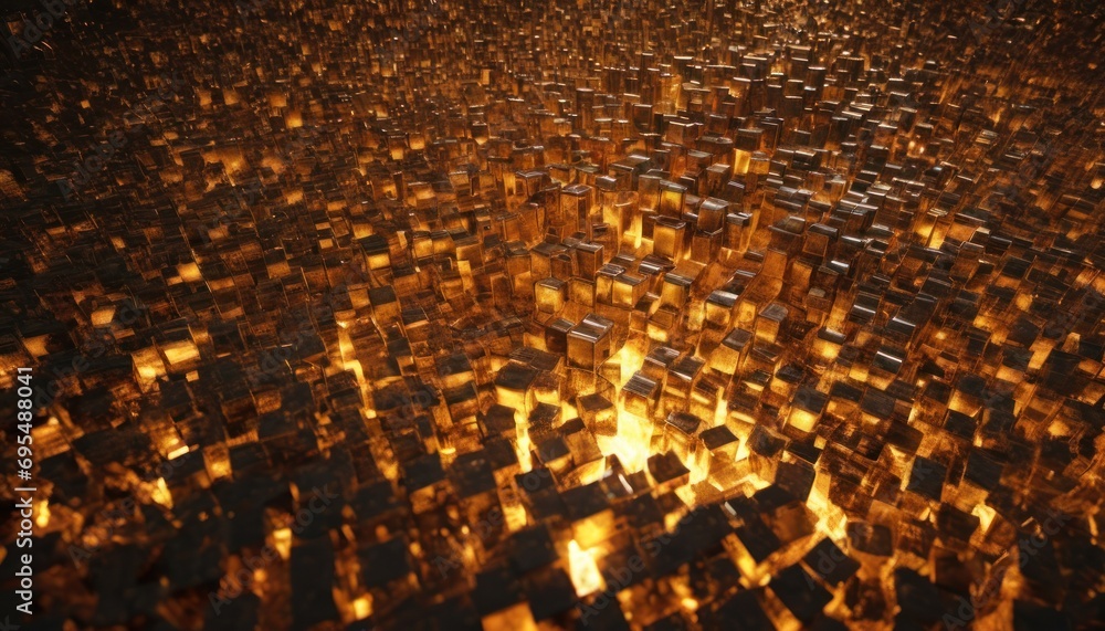 Poster a close up of a shiny surface with a lot of cubes in the middle of the image and the light reflectin