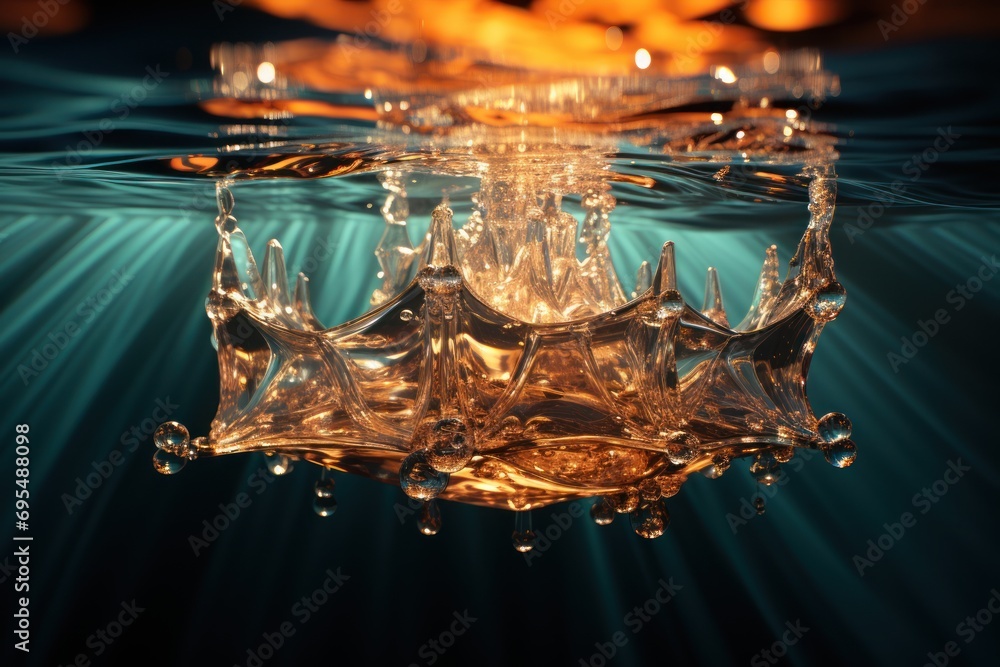 Poster a close up of a water surface with a crown in the middle of the water and light shining on the botto