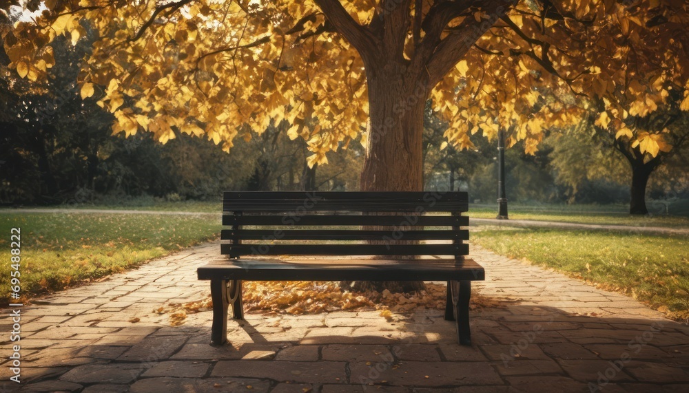 Poster a park bench in front of a tree with yellow leaves on the ground and a path in front of it.