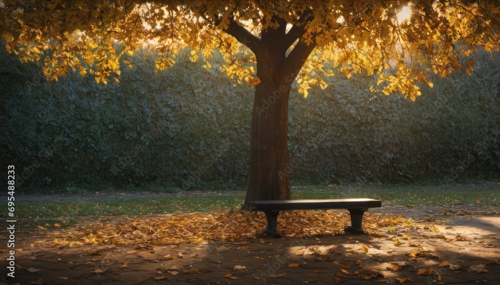 Poster a bench under a tree in a park with leaves on the ground and a wall of trees in the background.