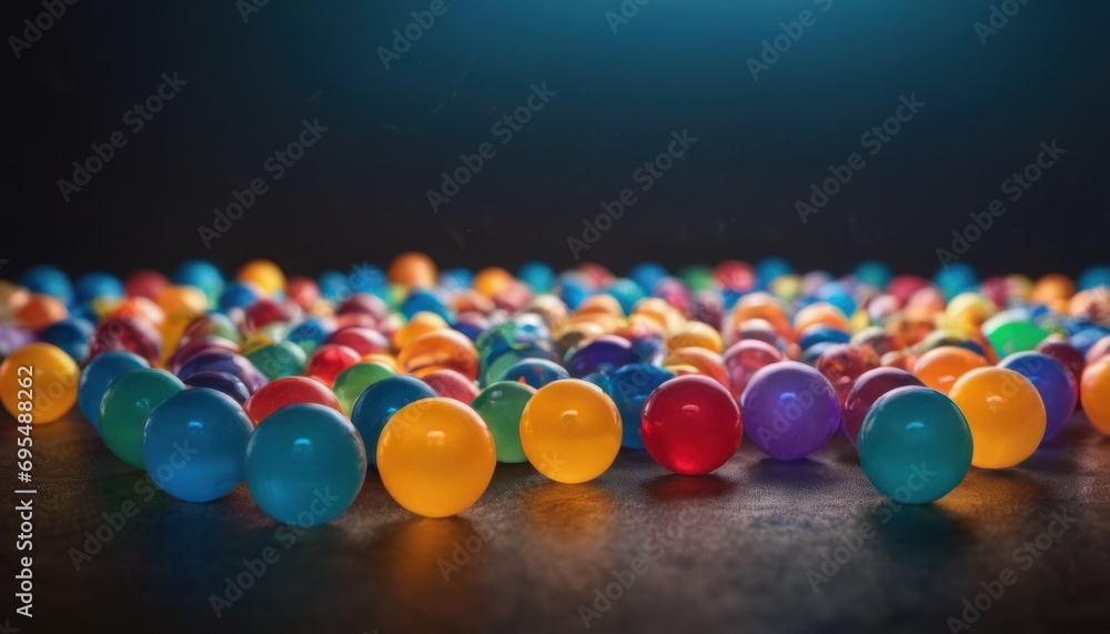 Poster a group of colorful balloons sitting on top of a wooden table in front of a black background with a 
