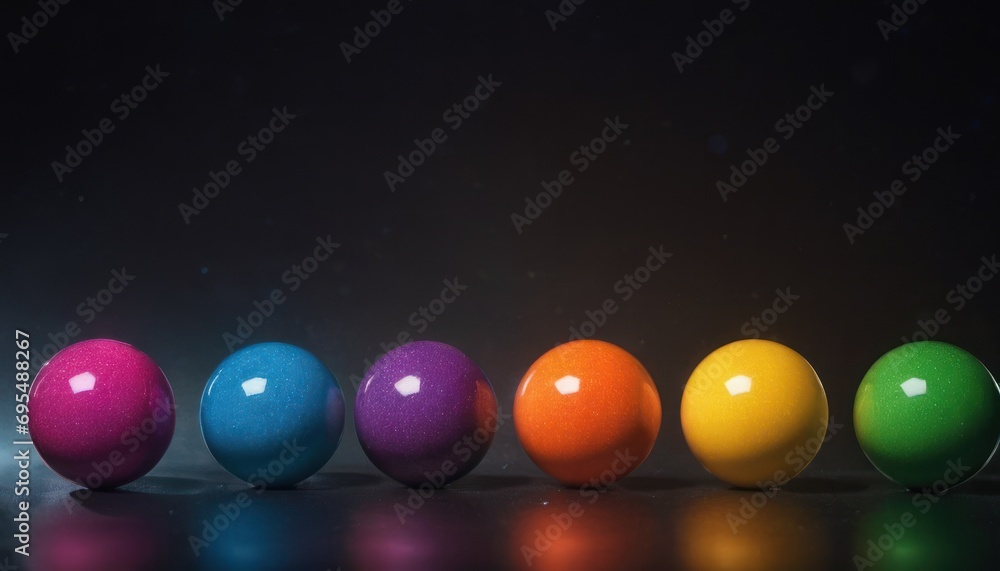 Poster a row of colored eggs sitting in a row on top of a black surface with a reflection of the egg in the