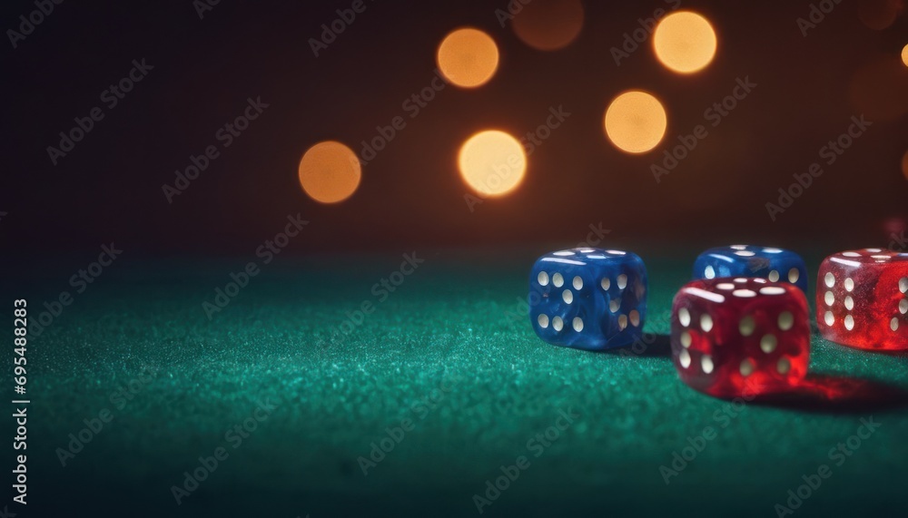 Poster three dices sitting on a green surface in front of a dark background with boke of lights in the back