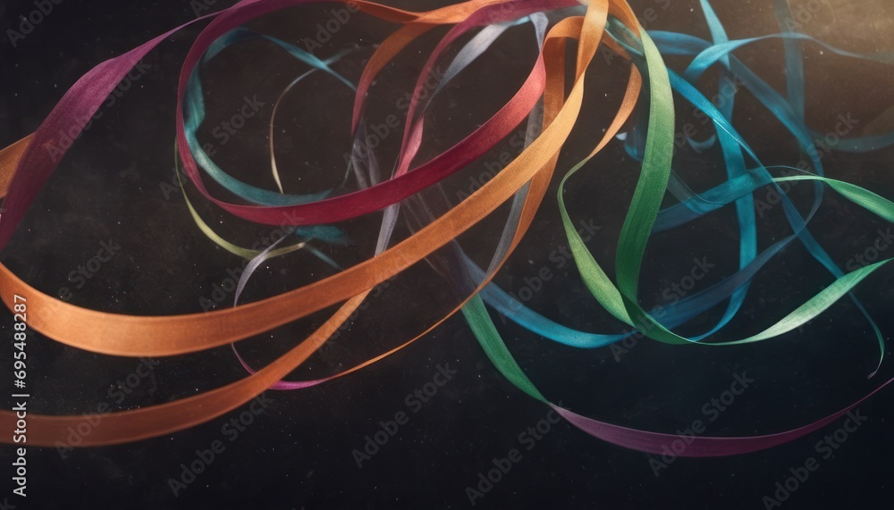 Poster a group of multicolored streamers on a black background with a blurry image of the streamers.