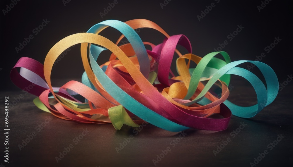 Aufkleber a pile of multicolored streamers on a black background with room for text on the bottom of the image