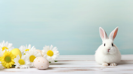 Cute Easter bunny with eggs and flowers on light blue backgound - obrazy, fototapety, plakaty