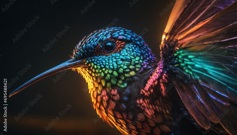 Poster a close up of a colorful bird with a long beak and multicolored feathers on it's head.