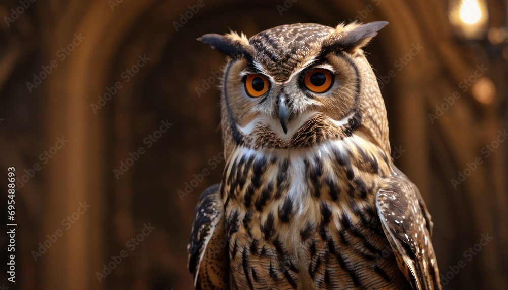 Poster a close up of an owl with a building in the background and a light in the middle of the photo.