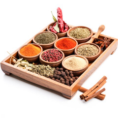Indian spices in wooden box on white background