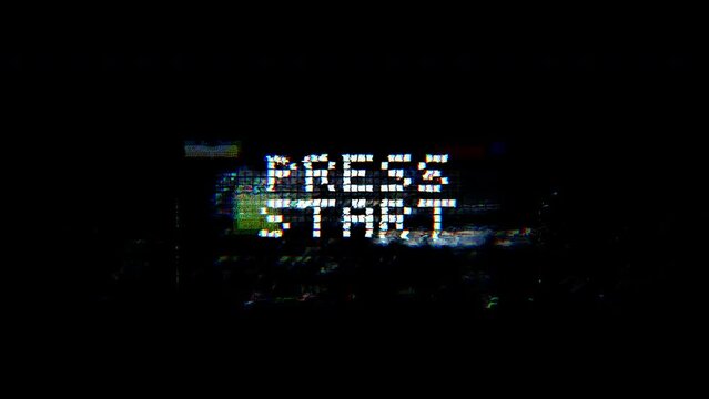 Press Start pixelated typography with glitch effect. Seamless loop animation