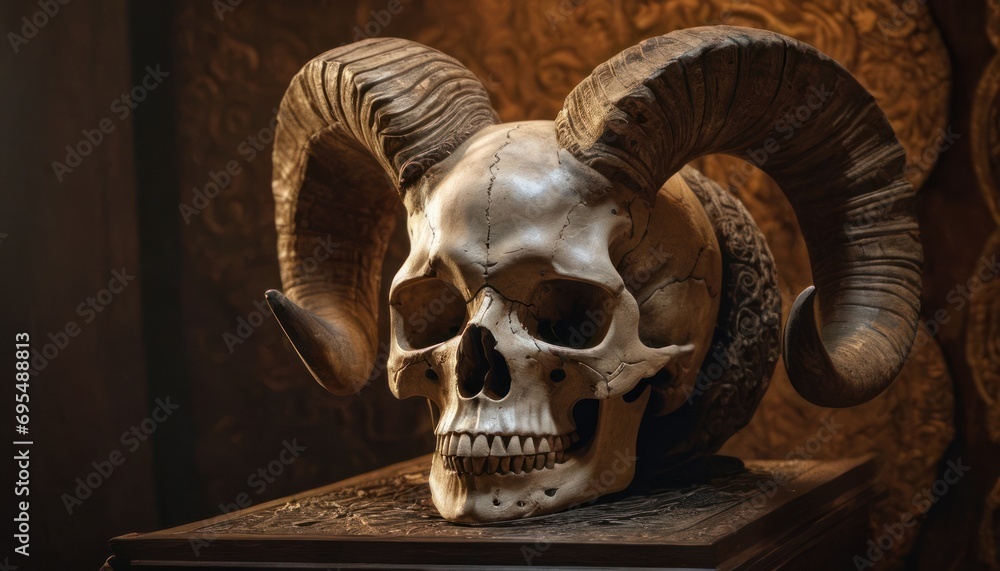 Poster in this image we can see a skull with horns on a table in the background there is a wall
