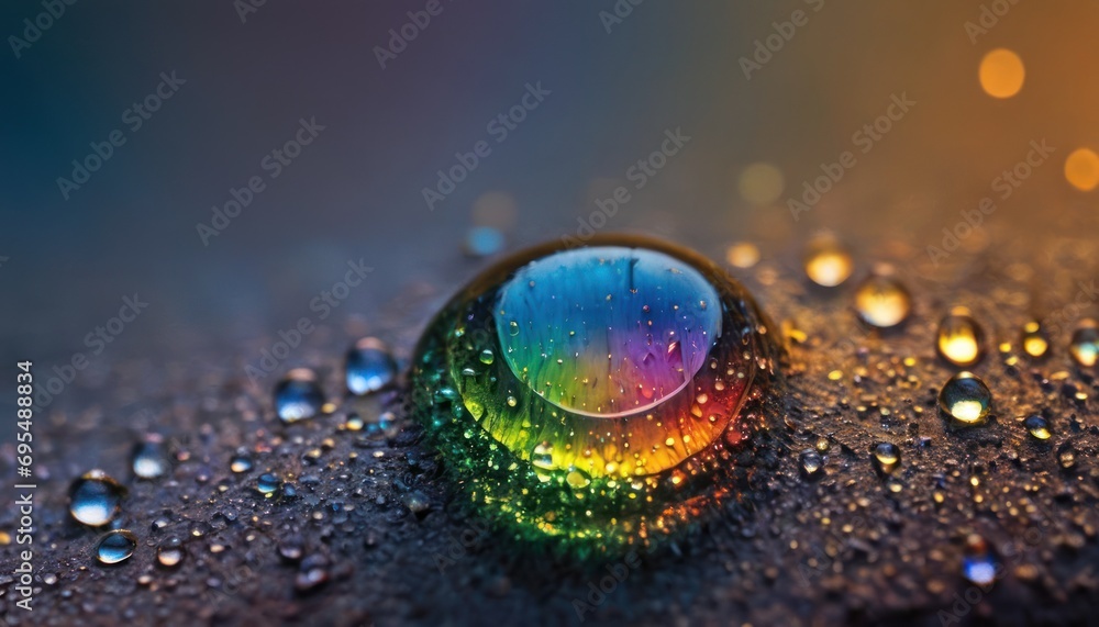 Poster a close up of a drop of water on a surface with drops of water on the surface and a multi - colored 