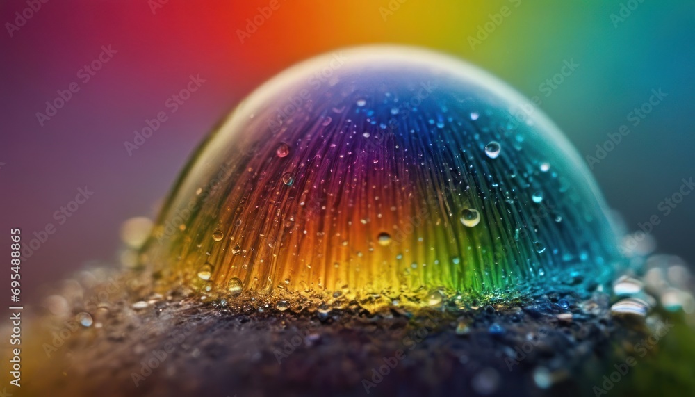 Poster a close up of a rainbow colored object with drops of water on the surface of the image and the color