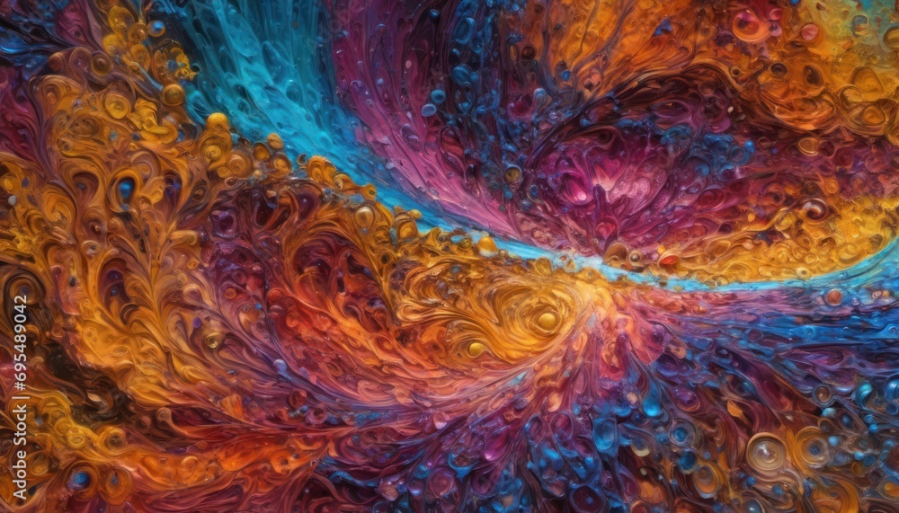 Poster a close up of a colorful painting with drops of water on the bottom and bottom of the image on the b