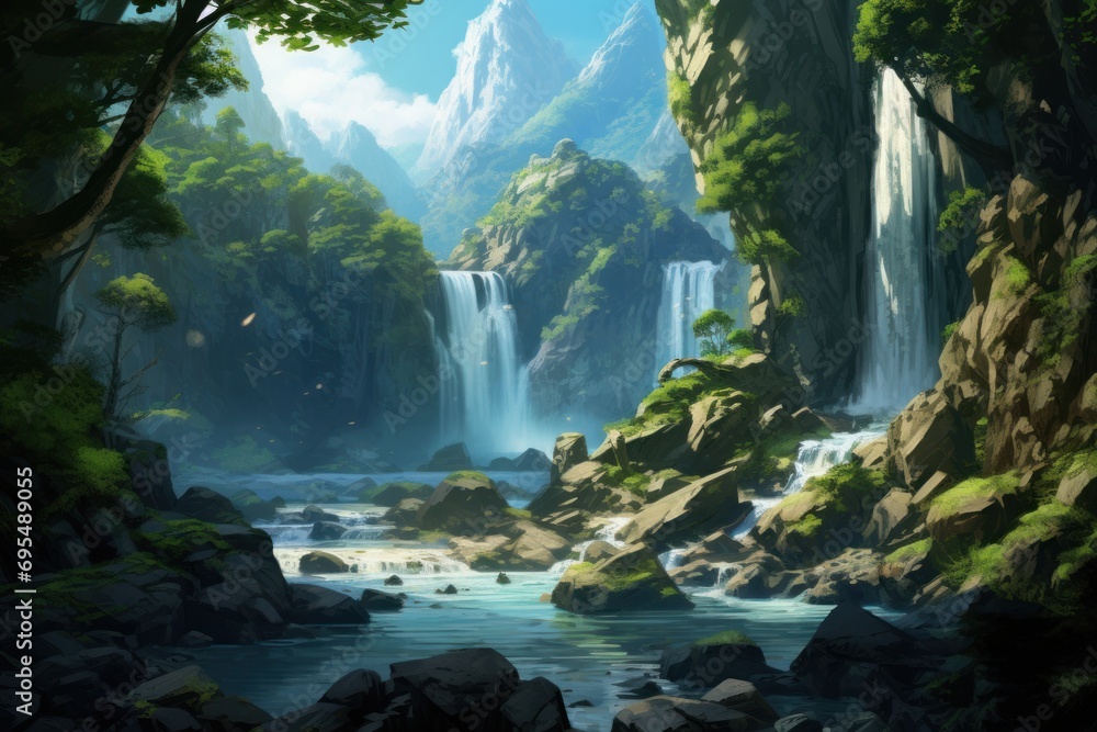 Poster a painting of a waterfall in the middle of a forest with rocks and a stream running through the midd