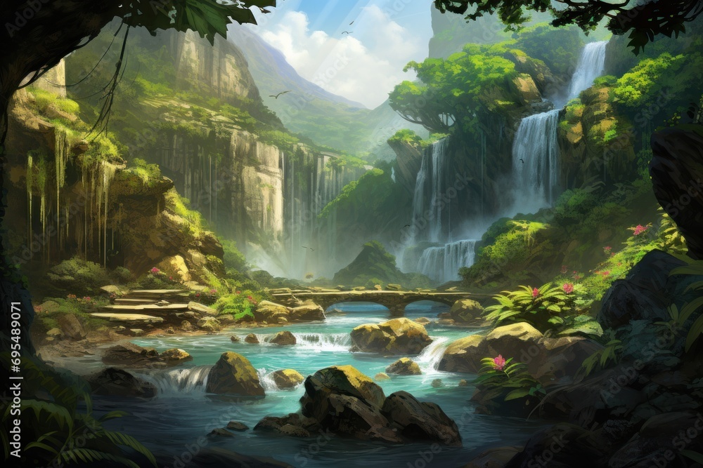 Poster a painting of a waterfall in the middle of a forest with rocks and a stream running through the midd