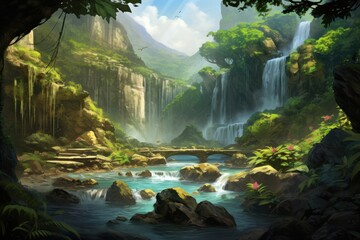  a painting of a waterfall in the middle of a forest with rocks and a stream running through the middle of the forest, with a waterfall in the middle of the foreground.