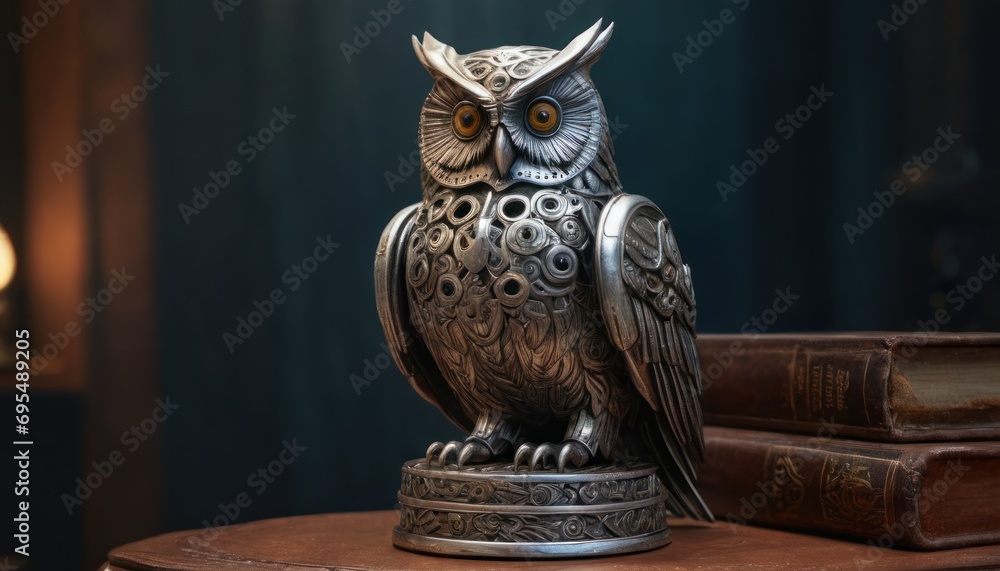 Poster an owl figurine sitting on top of a table next to a stack of books on top of a table.