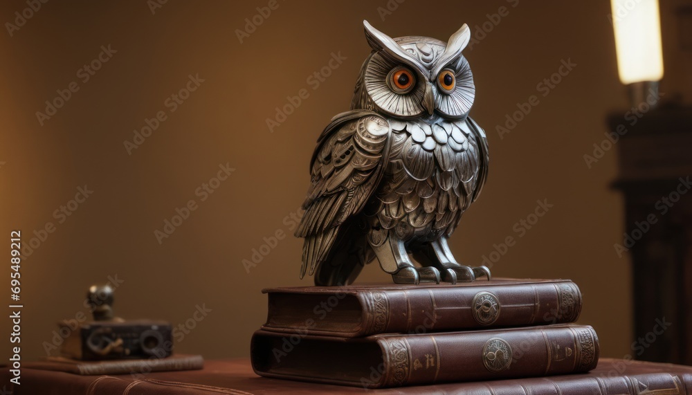 Poster a statue of an owl sitting on top of a stack of books next to a lamp and a clock on a table.