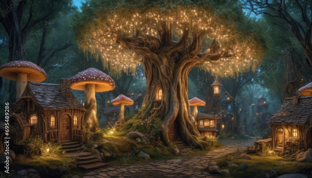 Poster a painting of a forest with a lot of mushrooms and a tree with a house in the middle of it.