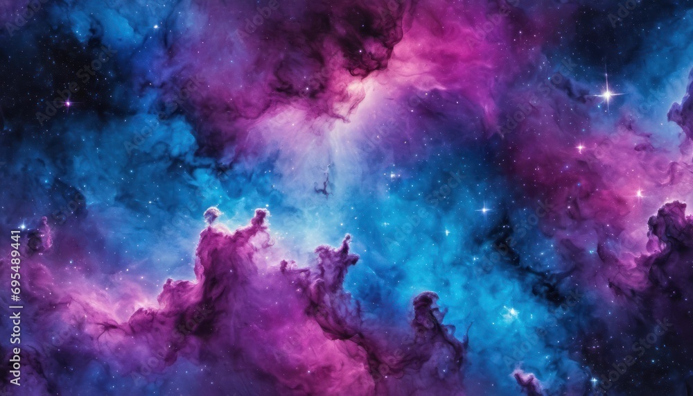 Poster a purple and blue space filled with stars and a cluster of clouds in the center of the image is a st