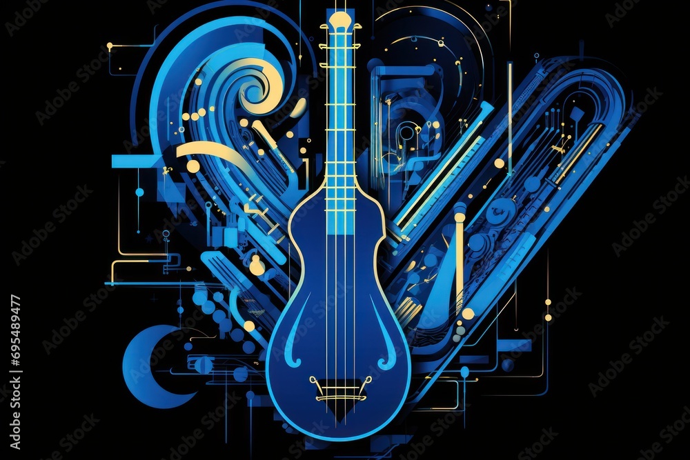 Poster a blue ukulele on a black background surrounded by musical instruments and a spiral vortex in the ce