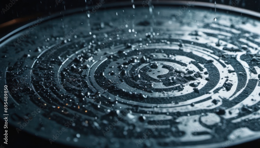 Poster a close up of a circular metal object with drops of water on it and a black background with a spiral