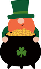 St. Patrick's Day. Happy gnome with a pot of gold coins.