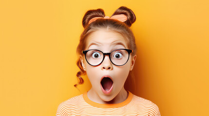 Cute little girl surprised face looking at camera wearing glasses - obrazy, fototapety, plakaty