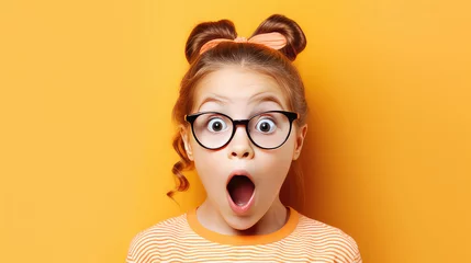 Foto op Canvas Cute little girl surprised face looking at camera wearing glasses © Natalia